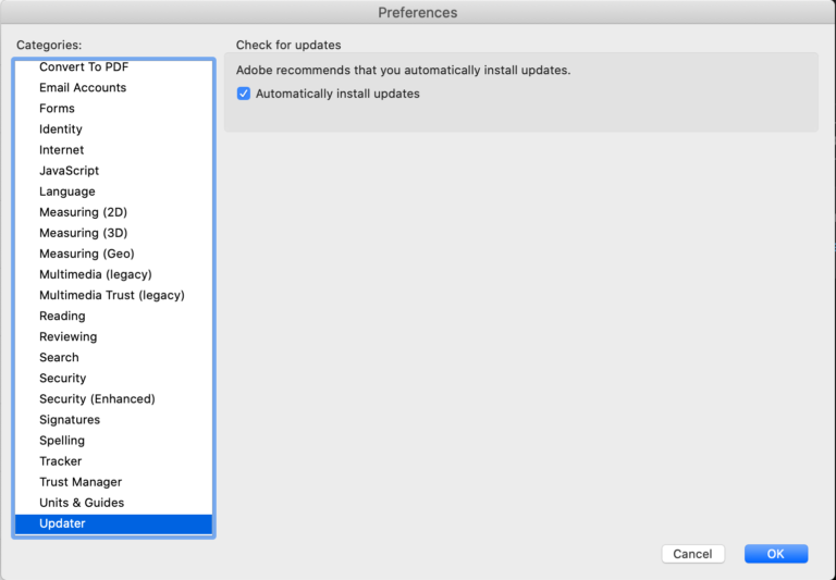 How do I stop Adobe Acrobat from updating automatically on Mac?