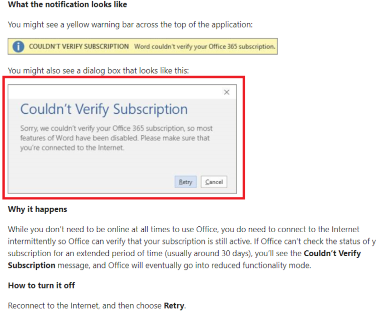 How do I verify a subscription in Word?